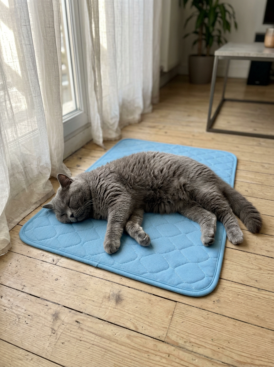 Chat gris endormi sur le Tapis Fraîcheur Petorae près de la fenêtre