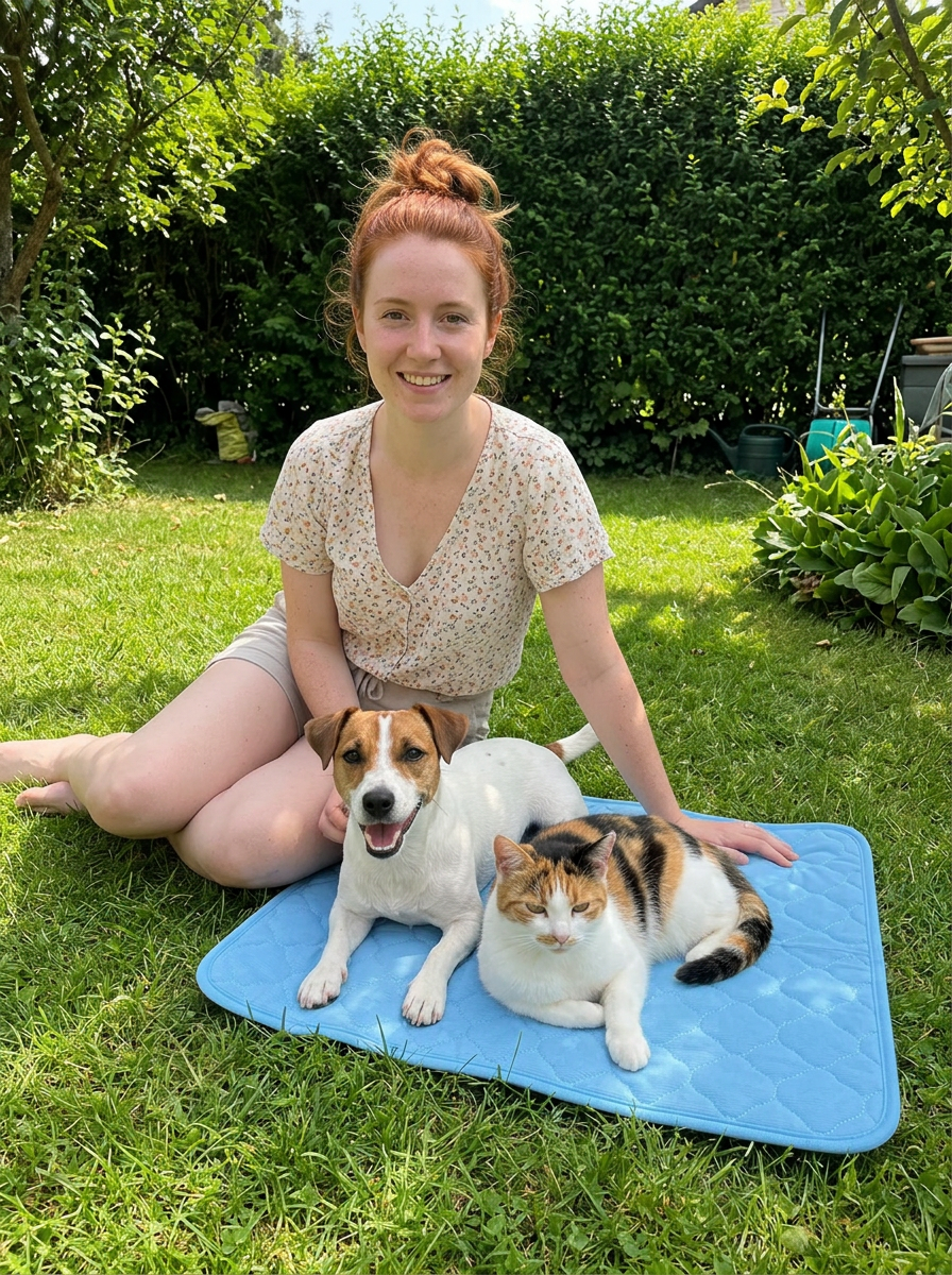 Cliente au jardin avec chien et chat sur le Tapis Fraîcheur Petorae