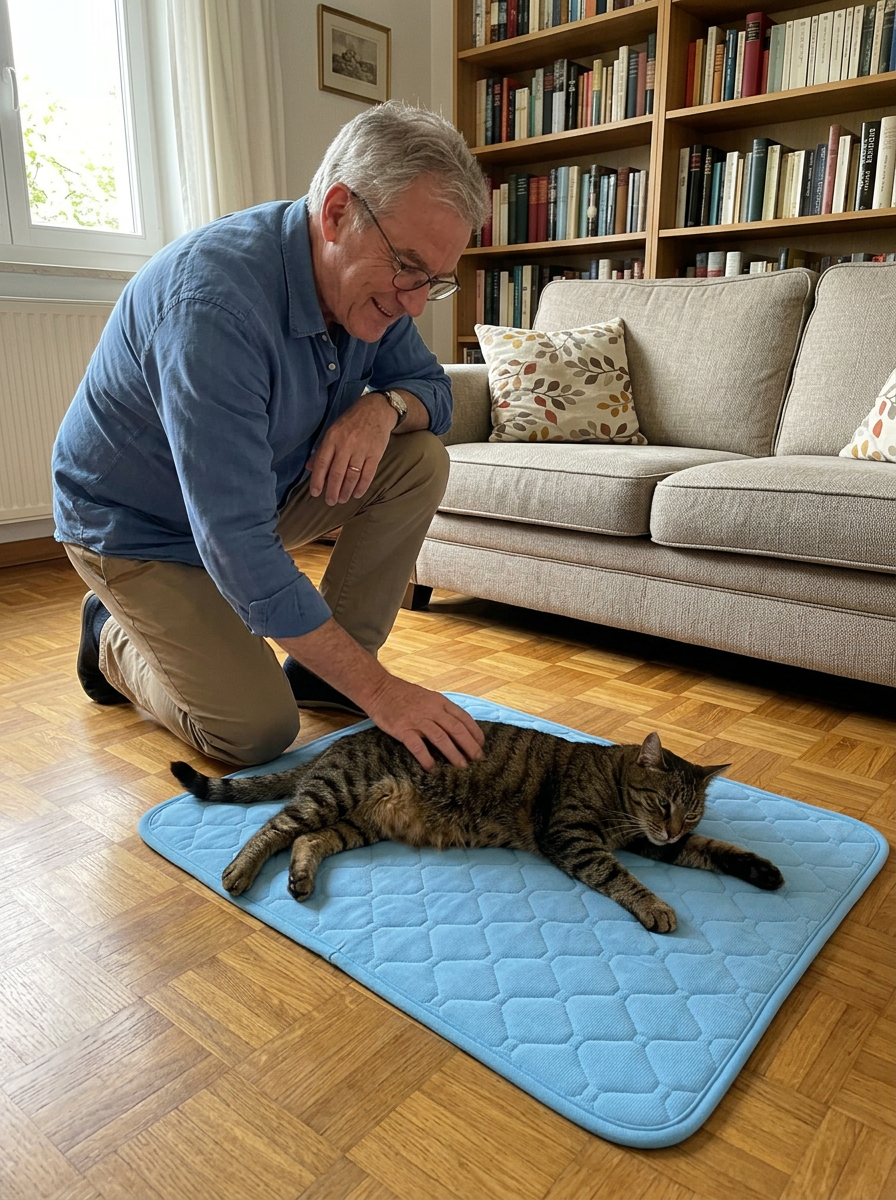 Client caressant son chat tigré allongé sur le Tapis Fraîcheur Petorae