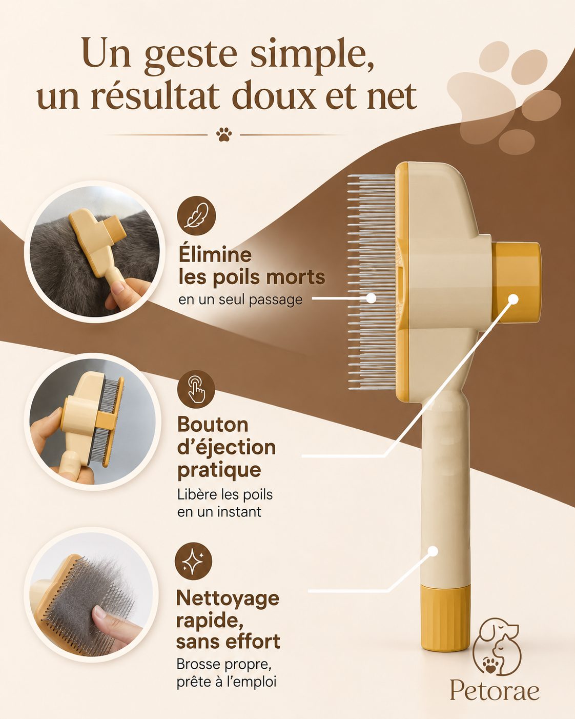 Fonctionnement : élimine les poils morts, bouton d'éjection, nettoyage rapide