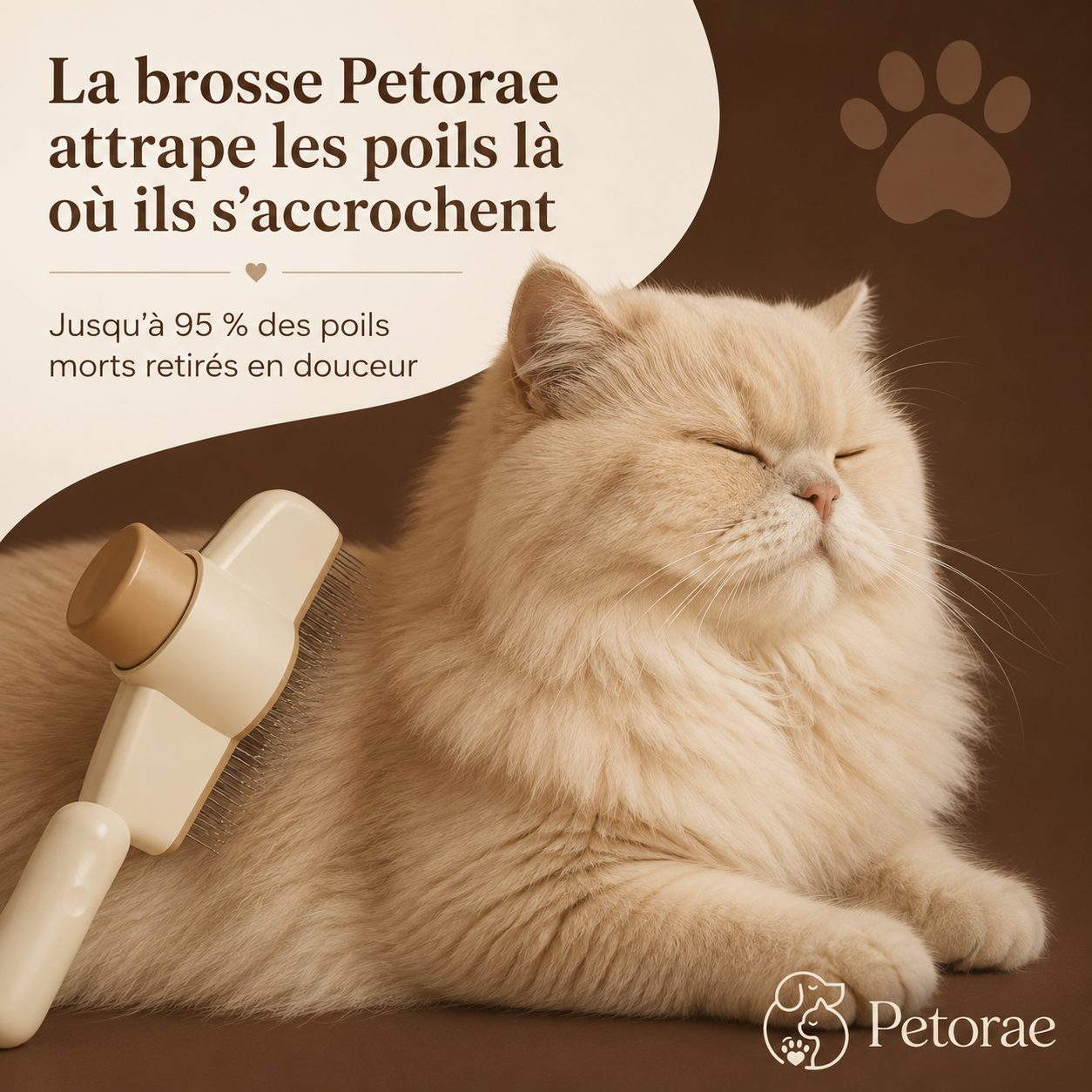 La brosse Petorae attrape les poils morts en douceur sur un chat
