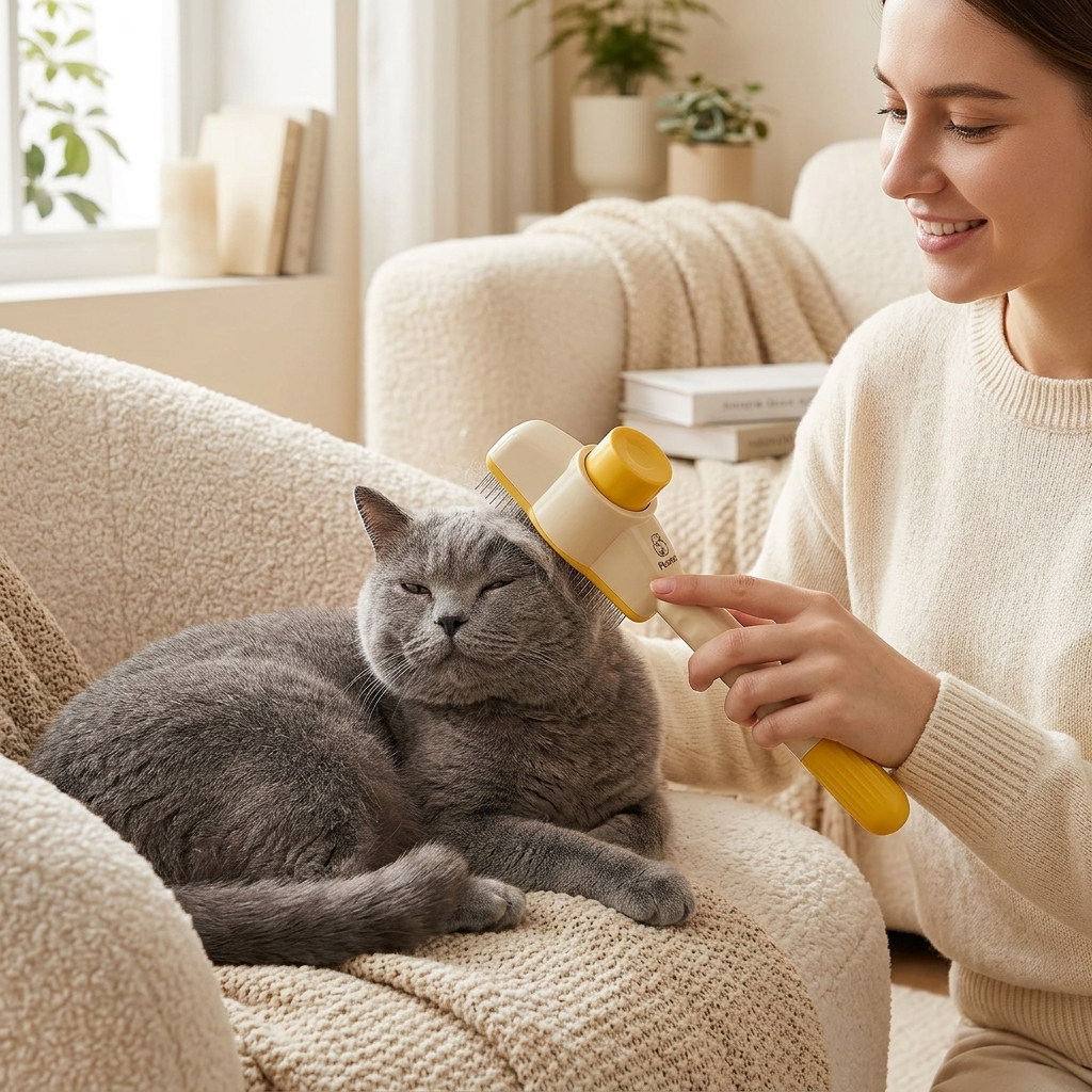 Brossage d'un chat détendu avec la Brosse Atrap'Poils Petorae