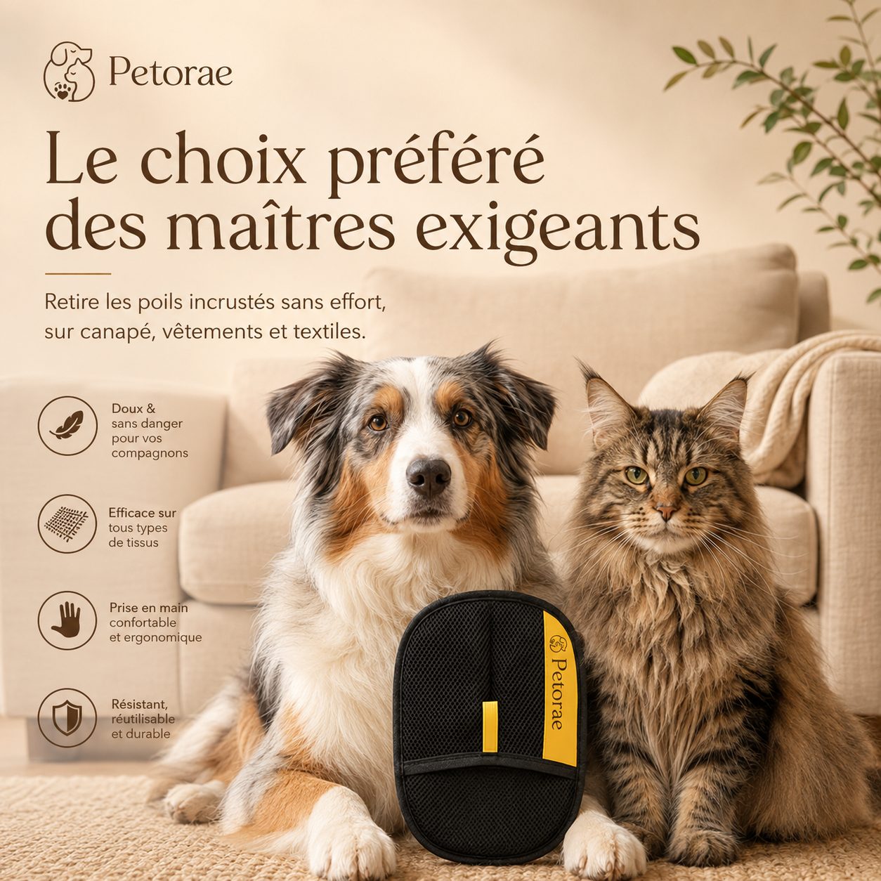 Gant Atrap'Poils Petorae avec un chien et un chat dans un salon