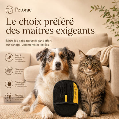 Gant Atrap'Poils Petorae avec un chien et un chat dans un salon