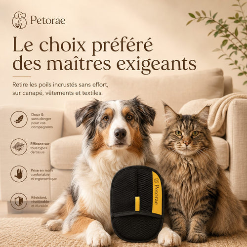 Gant Atrap'Poils Petorae avec un chien et un chat dans un salon