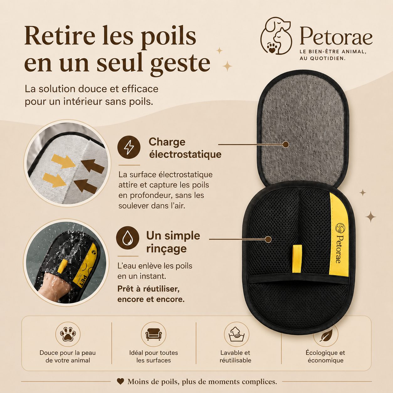 Fonctionnement du gant : surface électrostatique et simple rinçage à l'eau
