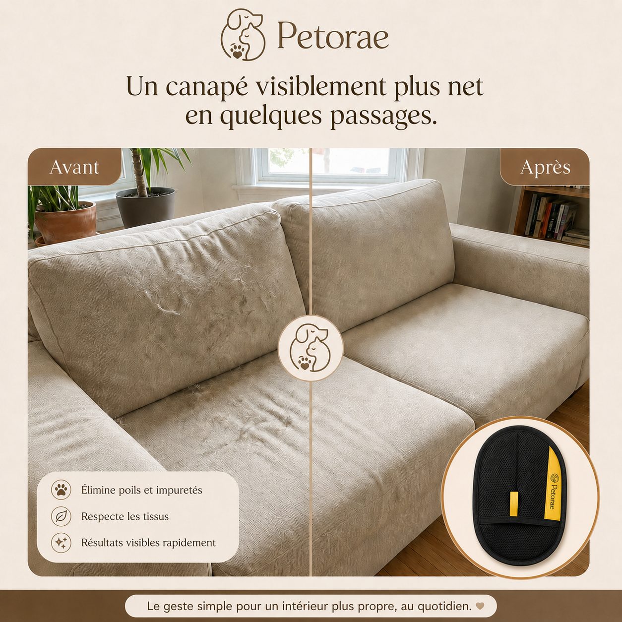 Canapé avant/après utilisation du Gant Atrap'Poils Petorae