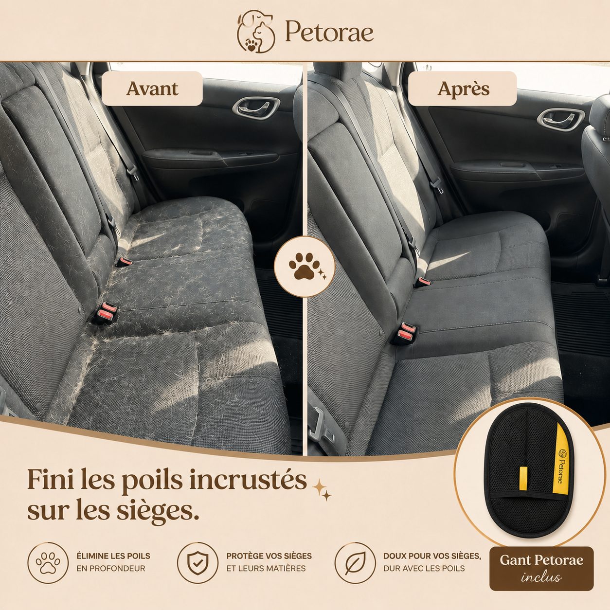 Sièges de voiture avant/après le Gant Atrap'Poils Petorae