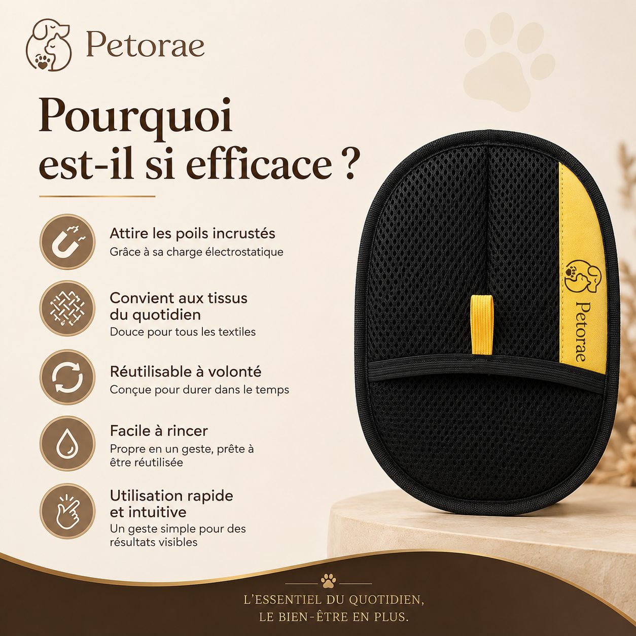 Bénéfices du Gant Atrap'Poils : doux, efficace, ergonomique et durable