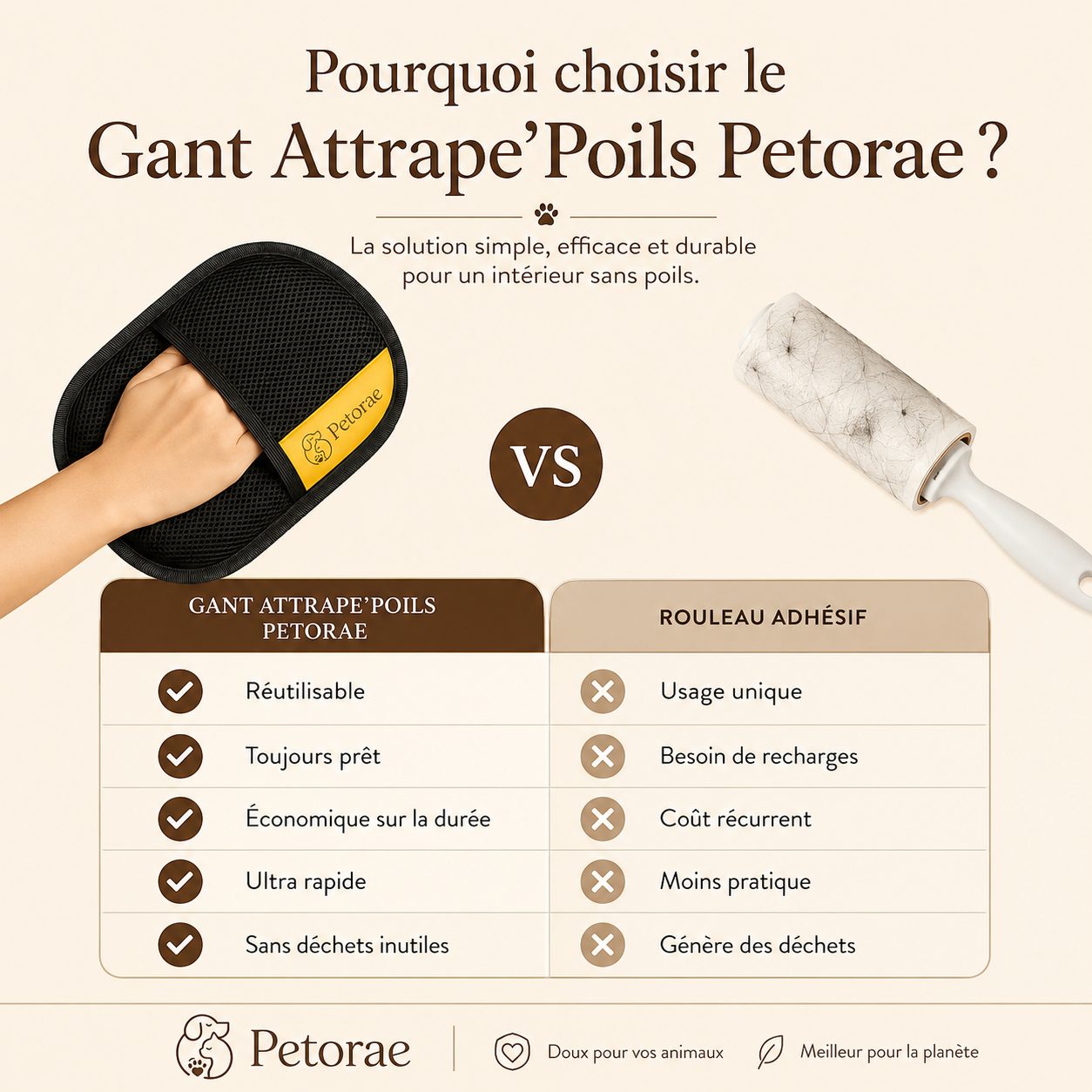 Comparatif : Gant Atrap'Poils réutilisable contre rouleau adhésif jetable