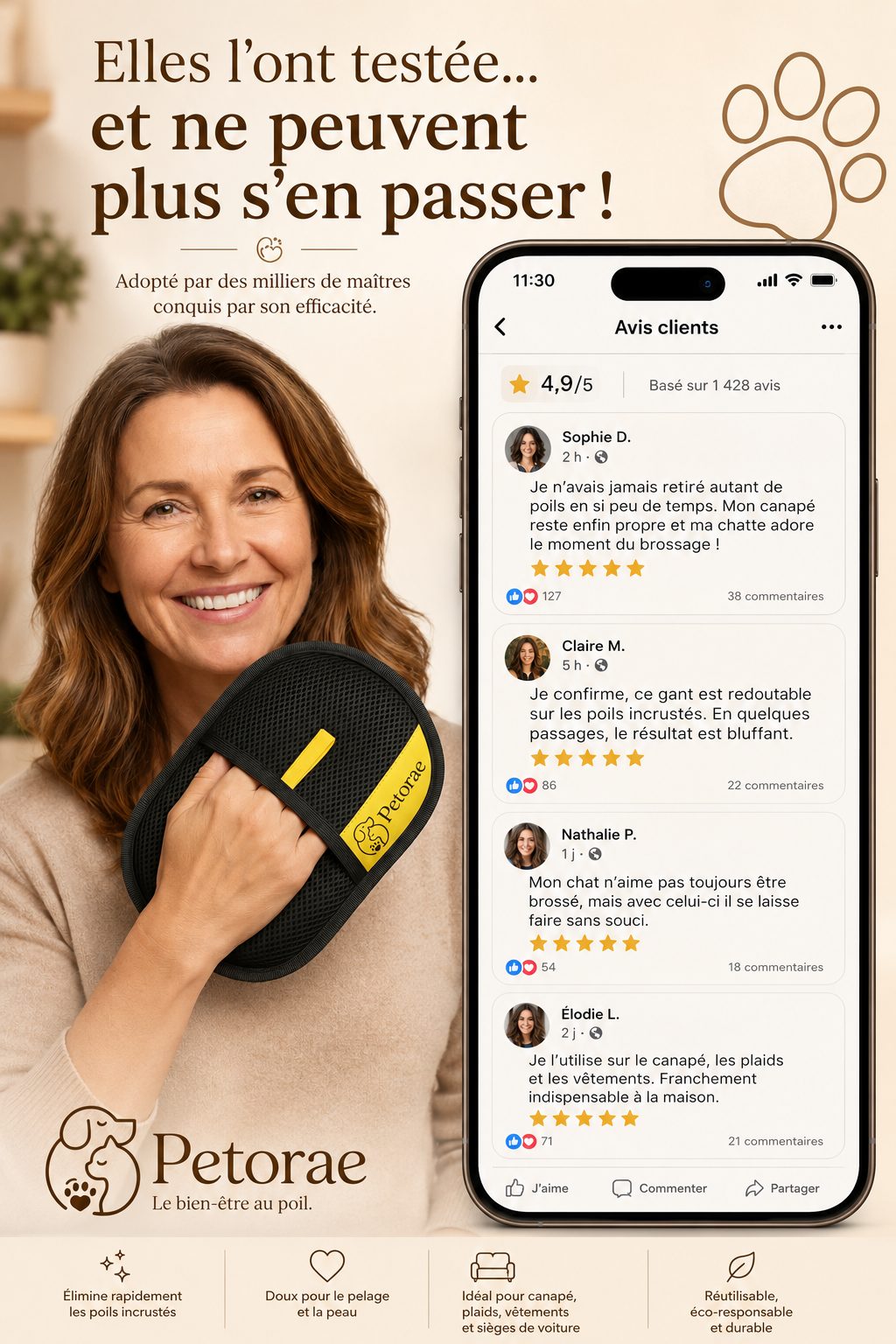 Avis clients du Gant Atrap'Poils Petorae