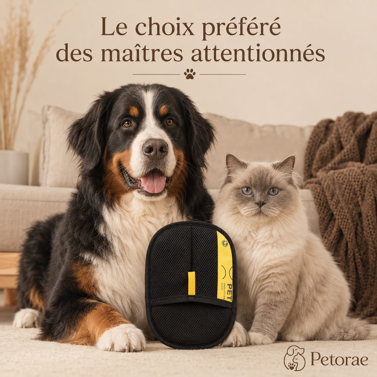 Chien et chat à côté du Gant Atrap'Poils Petorae
