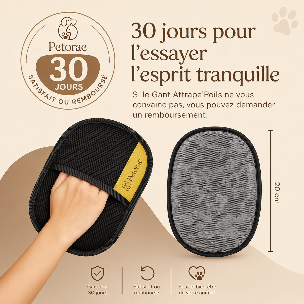 Garantie 30 jours satisfait ou remboursé — gant d'environ 20 cm