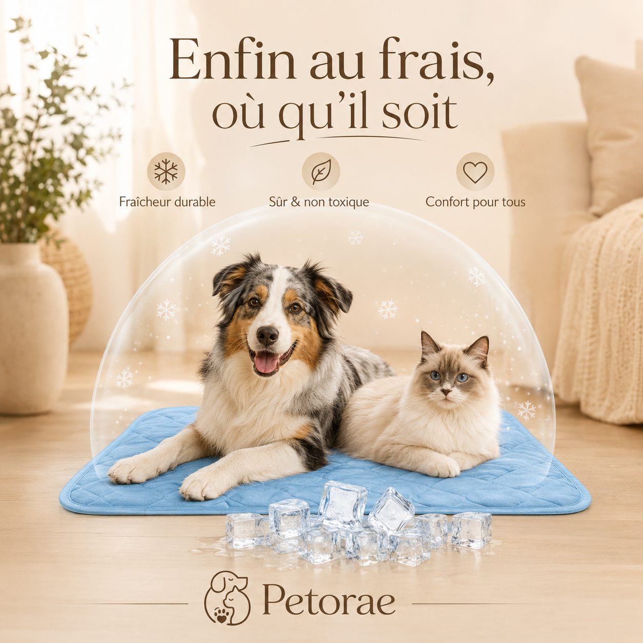Tapis Fraîcheur Petorae avec chien et chat allongés au frais
