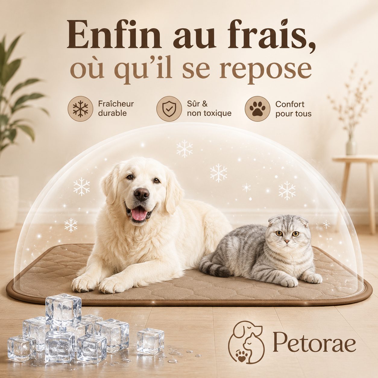 Tapis Fraîcheur Petorae dans un salon avec chien et chat