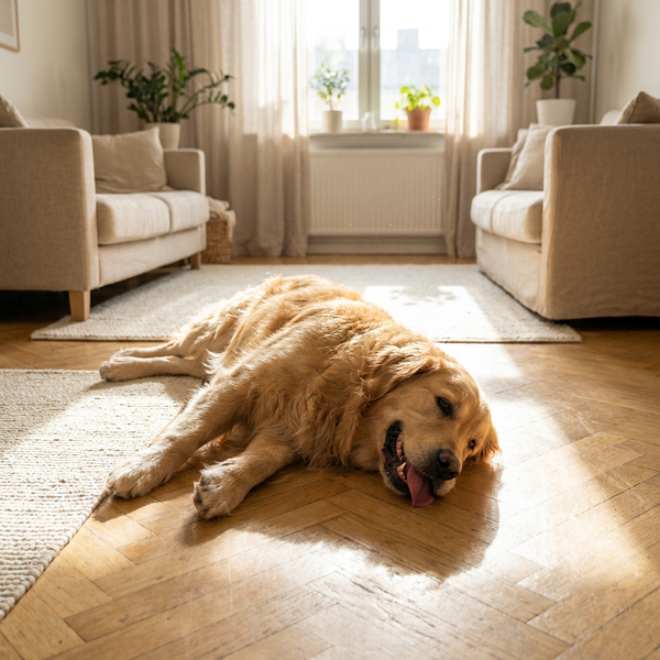 Chien allongé sur le carrelage pour chercher le frais